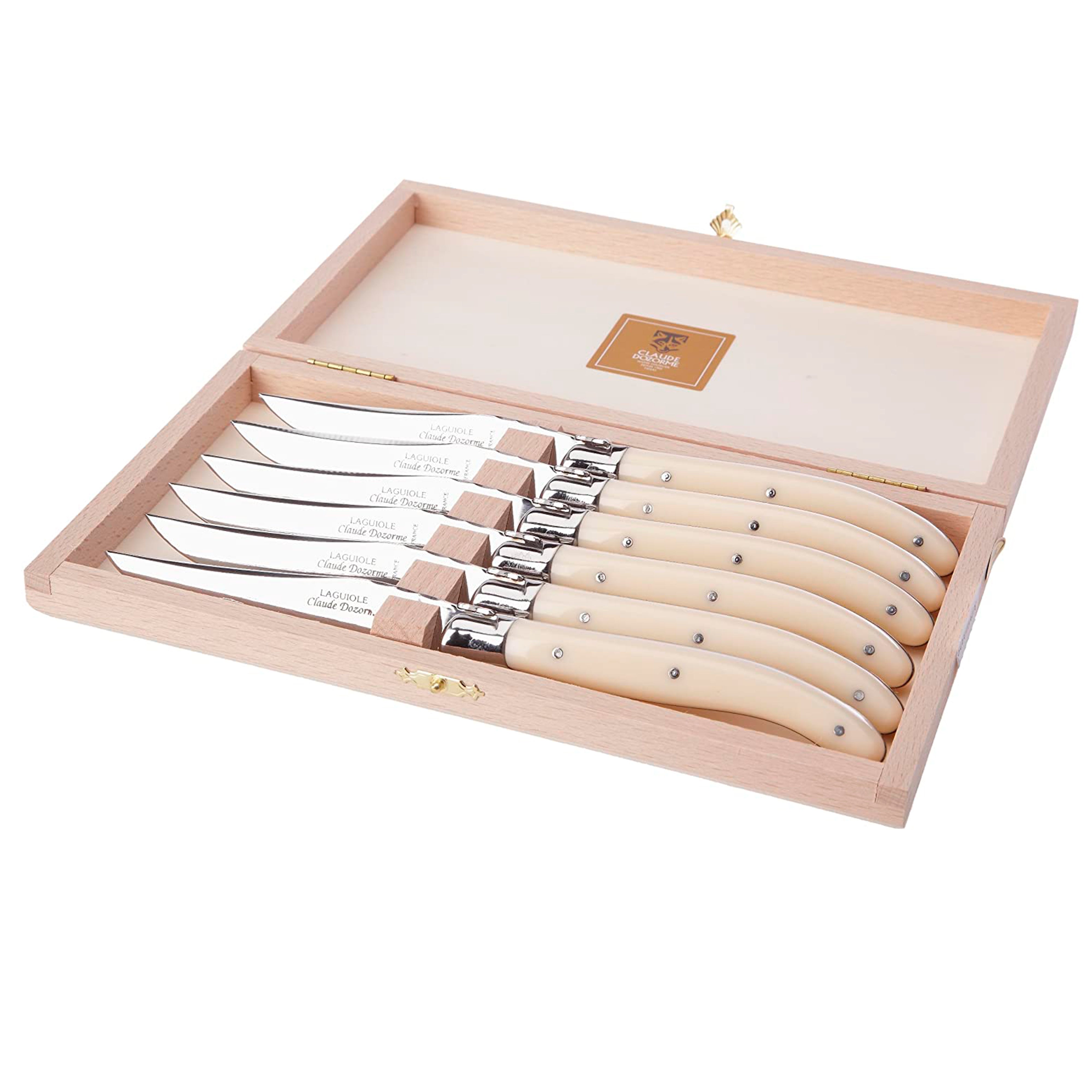 Claude Dozorme Laguiole Stainless Steel 6-Piece Steak Knife Set with Ivory Handle