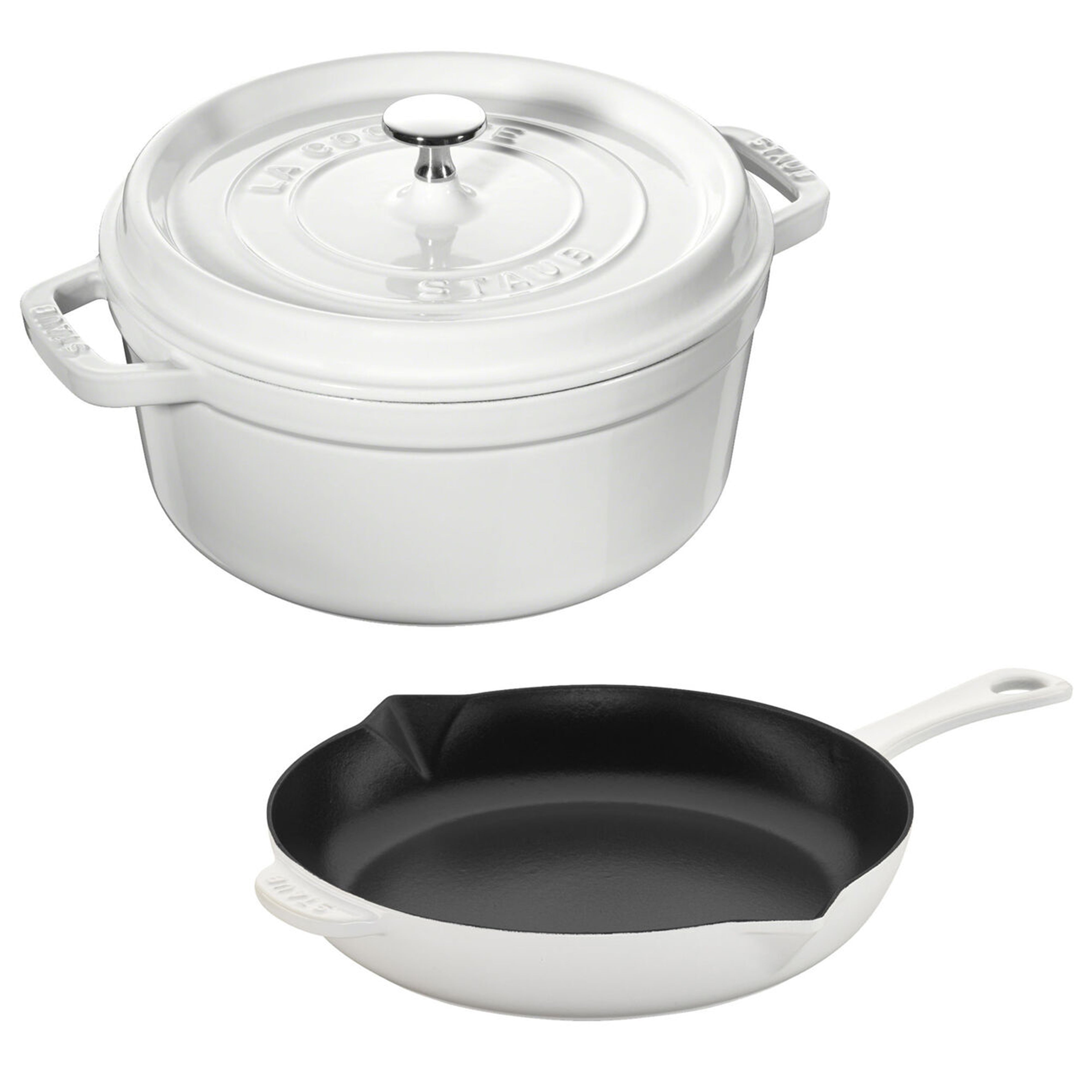 Staub Cast Iron 3-Piece White Cocotte and Fry Pan Set