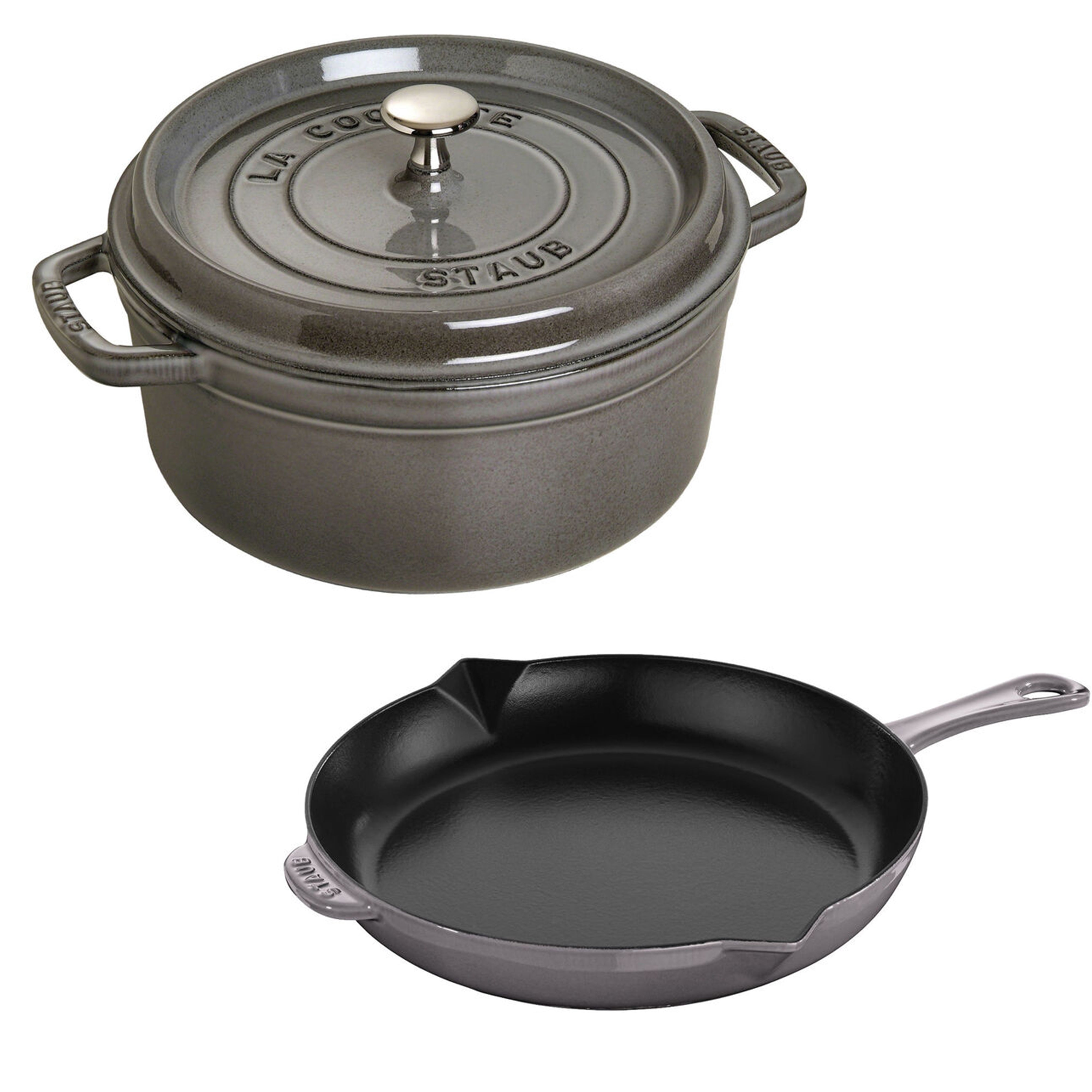 Staub Cast Iron 3-Piece Graphite Grey Cocotte and Fry Pan Set