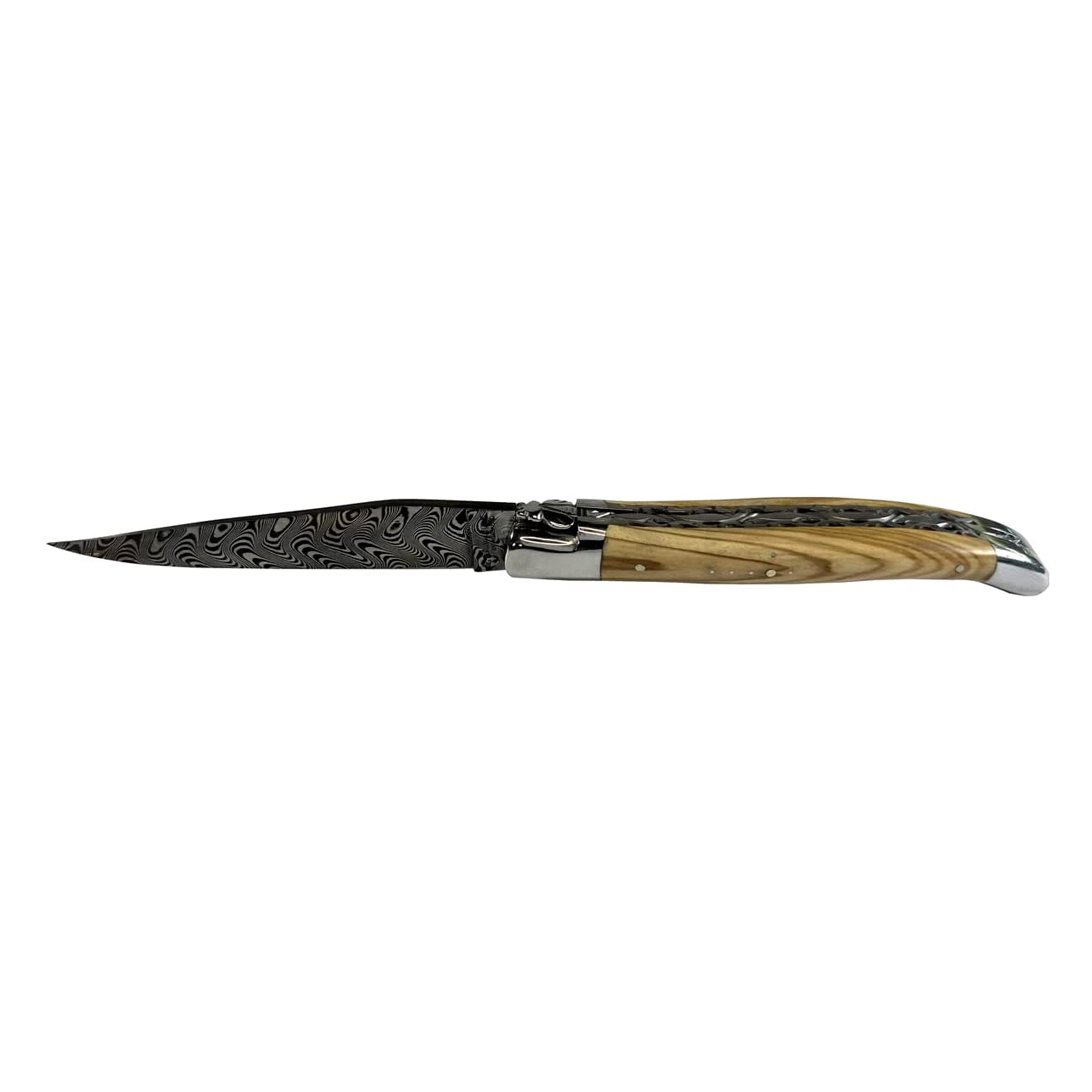 Laguiole en Aubrac Damascus Steel Knife with Olive Wood Handle, 4.75-Inch