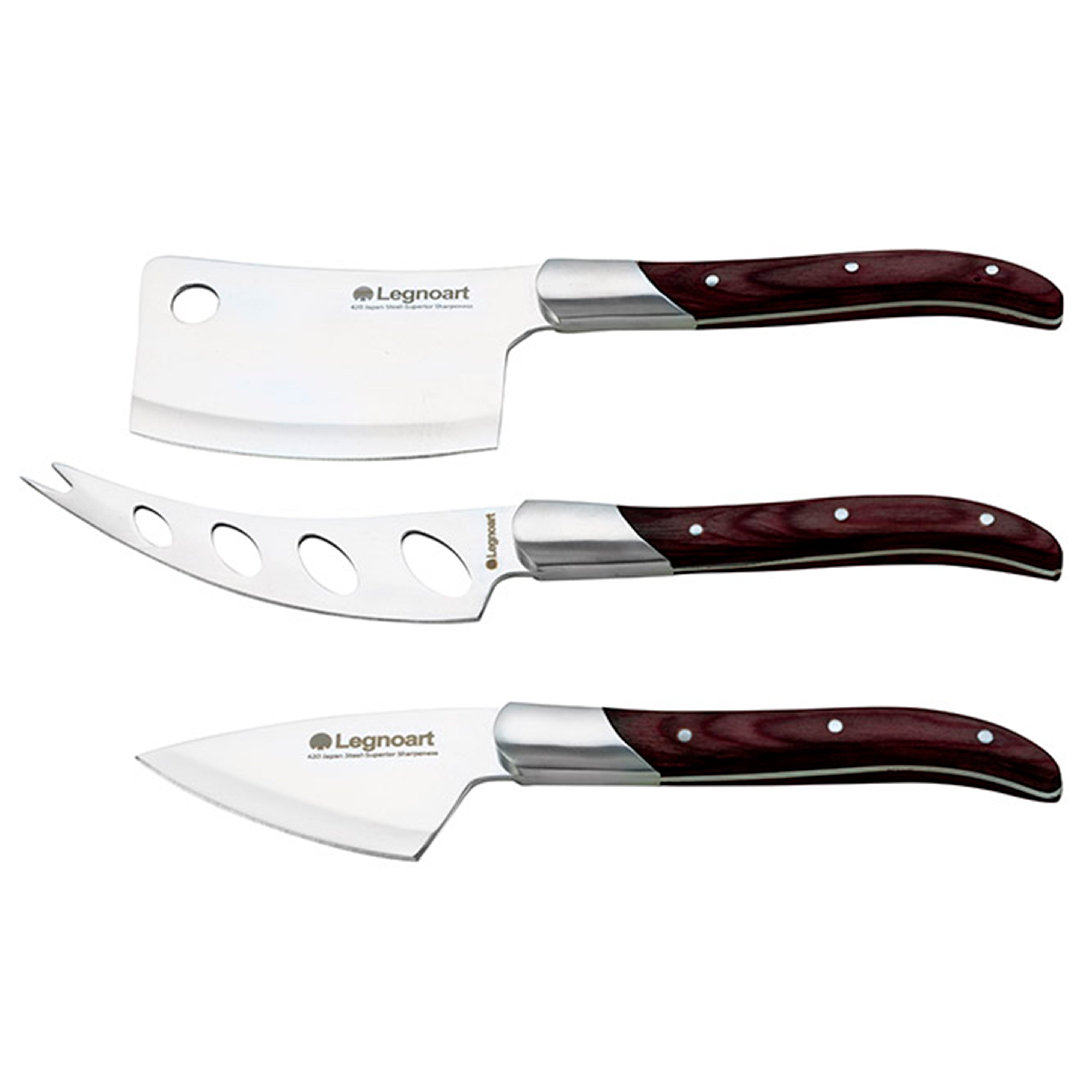 Legnoart Stainless Steel Reggio 3 Piece Cheese Knife Set with Dark Wood Handle