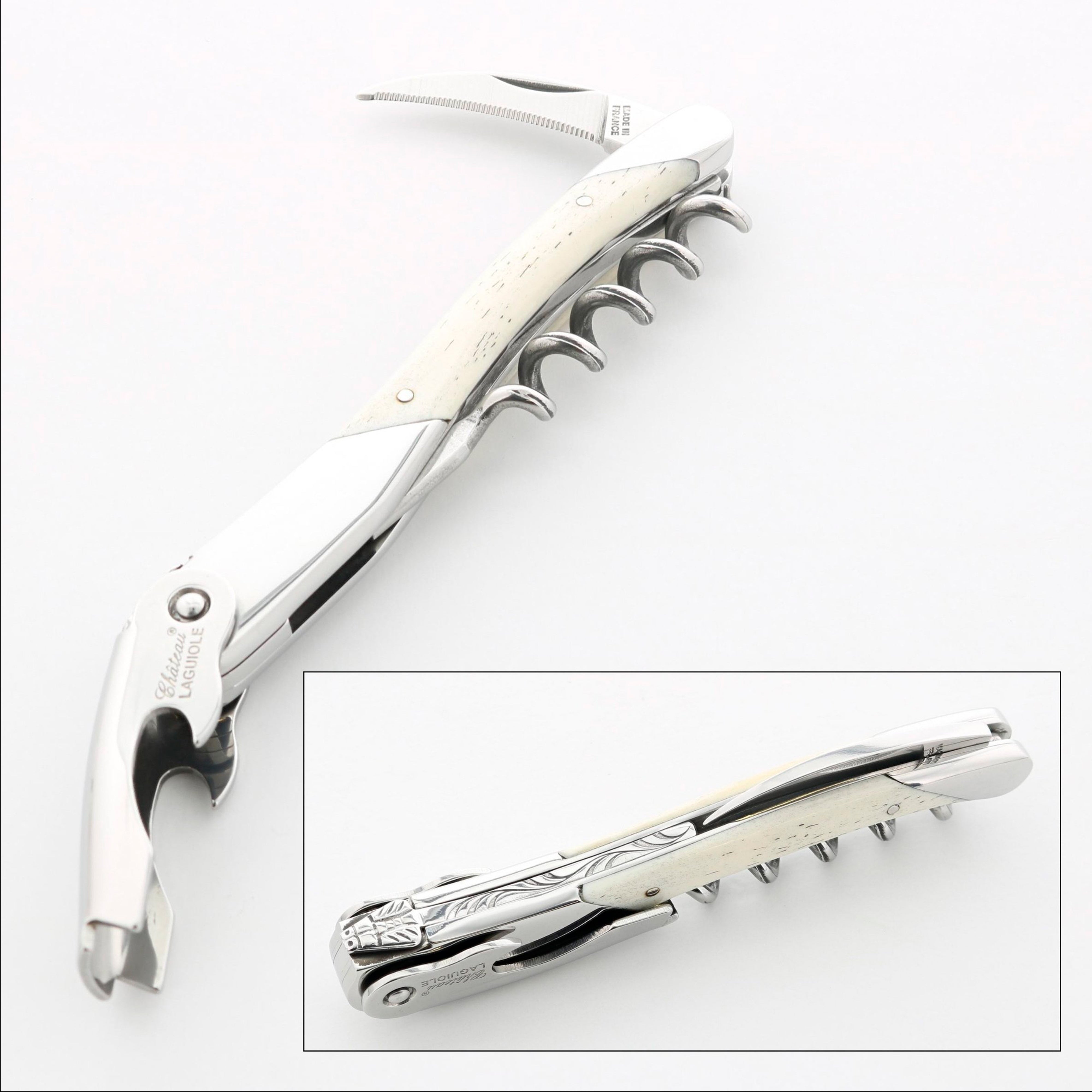 Chateau Laguiole Grand Cru Series Stainless Steel Sommelier Corkscrew with White Bone Handle