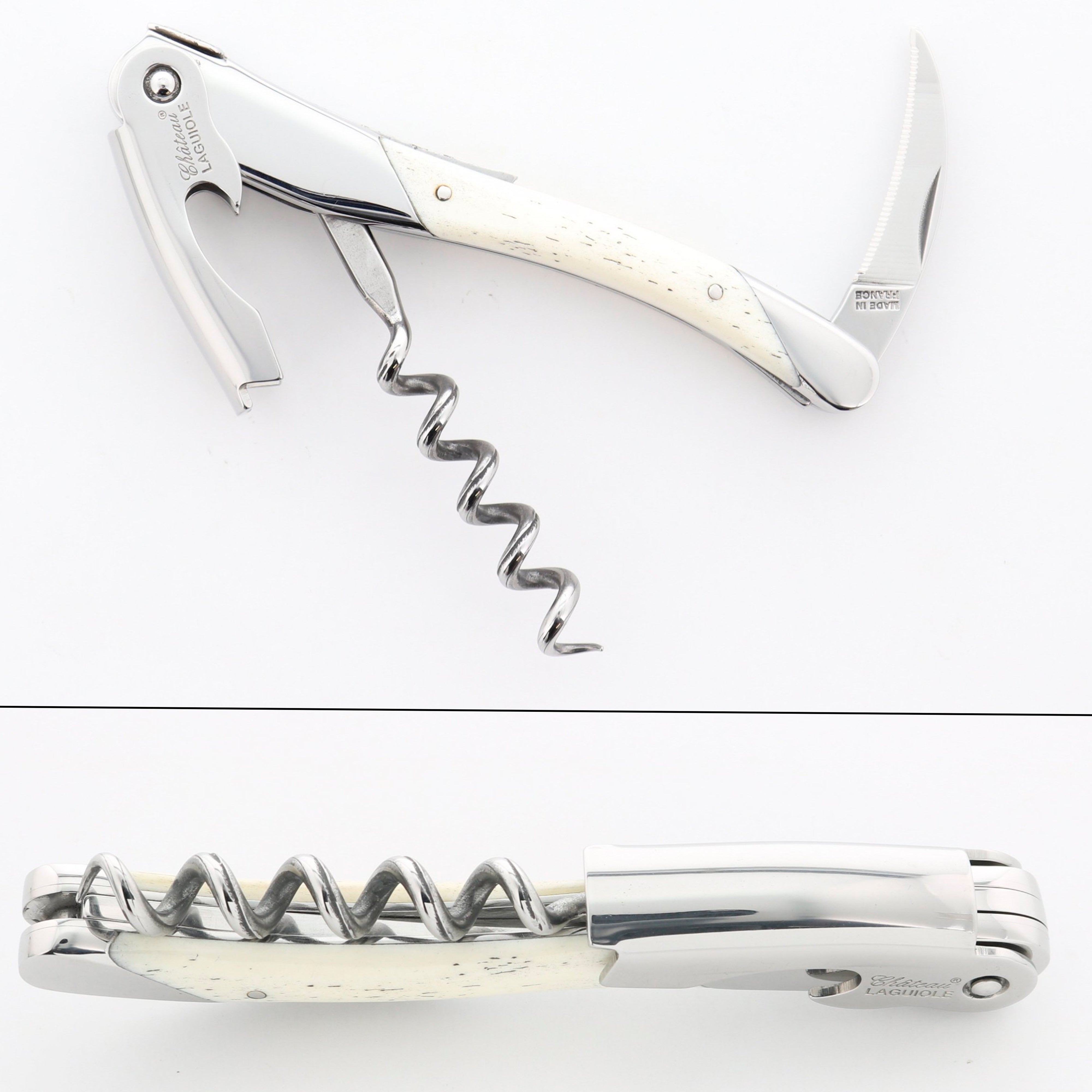 Chateau Laguiole Grand Cru Series Stainless Steel Sommelier Corkscrew with White Bone Handle